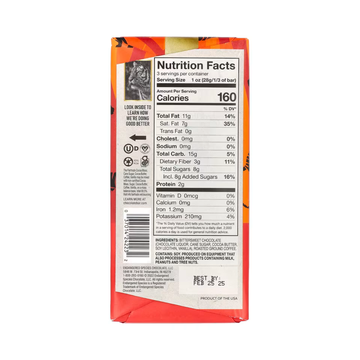 Espresso Beans Dark Chocolate Bar, 72% Cocoa (GF*)