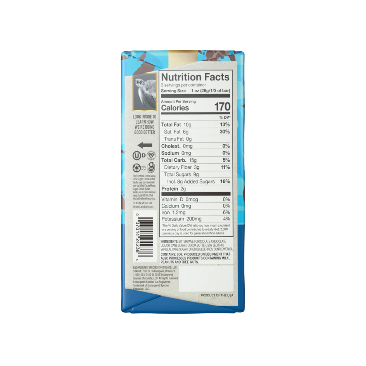 Blueberry Dark Chocolate Bar, 72% Cocoa (GF*)