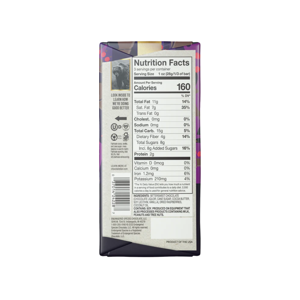 Raspberry Filling Dark Chocolate Bar, 60% Cocoa (GF*)