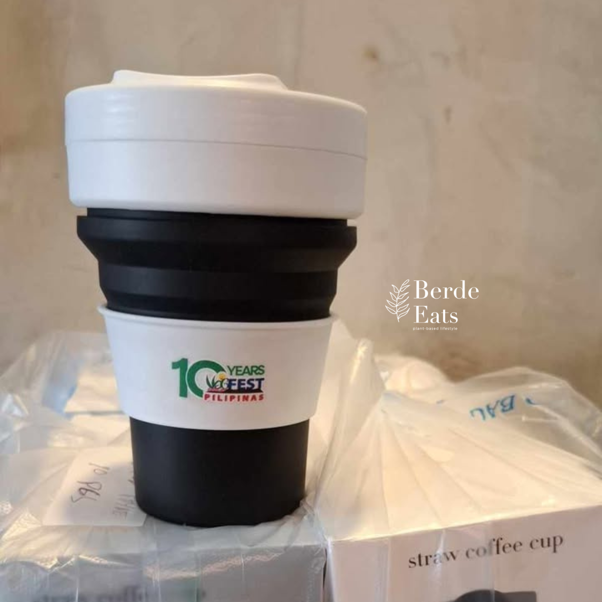 Collapsible VegFest Cup with Lid and Straw 350mL