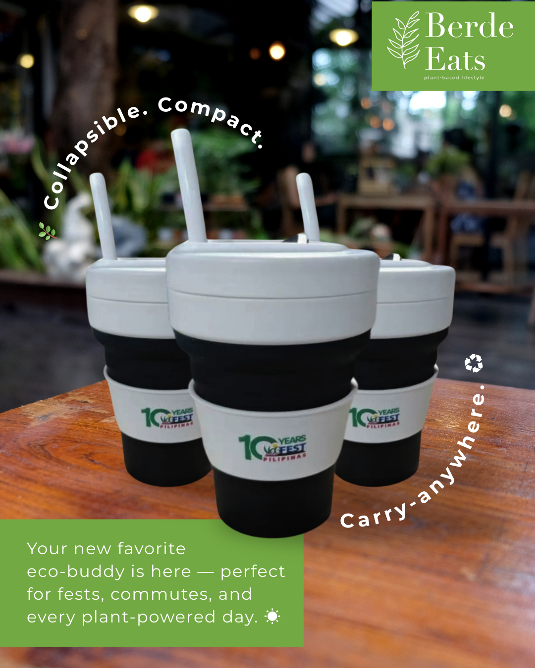 Collapsible VegFest Cup with Lid and Straw 350mL