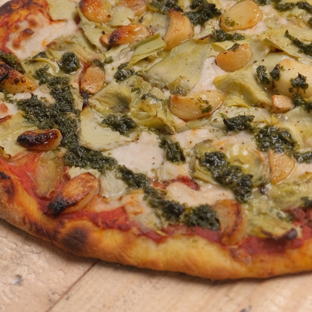 Pizza - Garlic Confit and Artichokes with Herb Puree