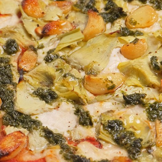 Pizza - Garlic Confit and Artichokes with Herb Puree