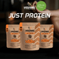 Three (3) Just Protein Plant-Based Protein Supplement display with variant label, featuring Vegains & Berde Eats logo, set with a seating position yoga background.