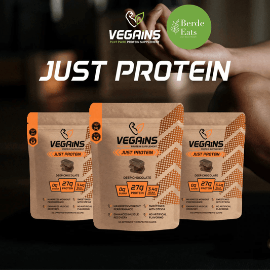Three (3) Just Protein Plant-Based Protein Supplement display with variant label, featuring Vegains & Berde Eats logo, set with a seating position yoga background.