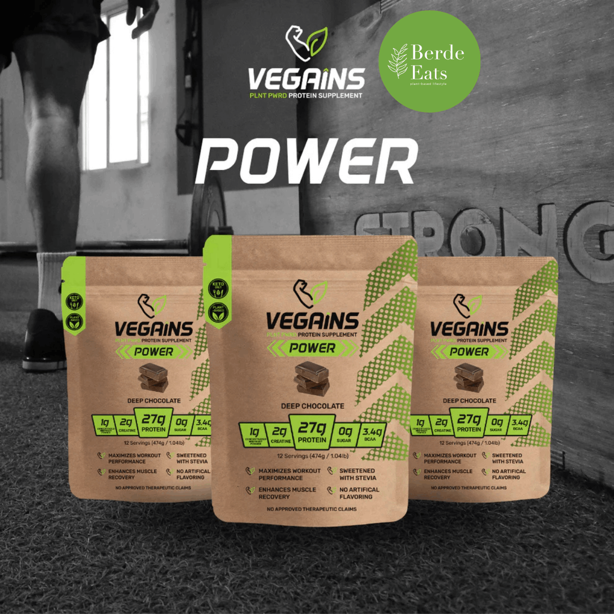 Three (3) Power Plant-Based Protein Supplement display with variant label, featuring Vegains & Berde Eats logo, with a gym background.