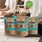 Three (3) Soy Free Plant-Based Protein Supplement display with variant label, featuring Vegains & Berde Eats logo, set with a seating position yoga background.