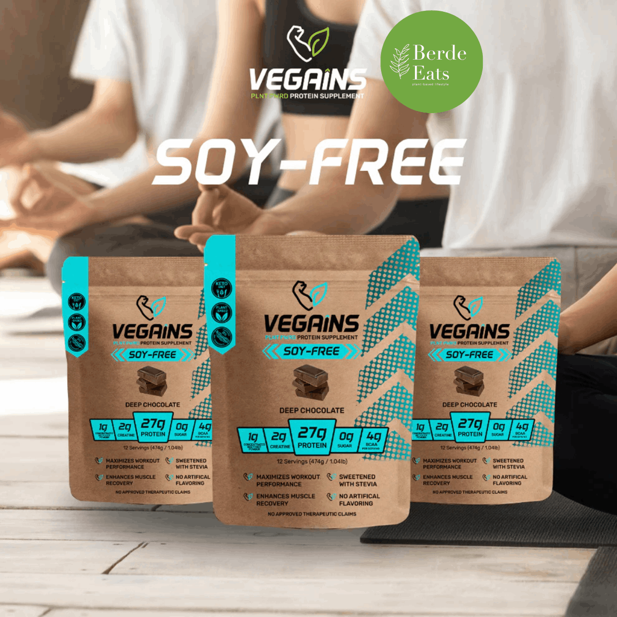 Three (3) Soy Free Plant-Based Protein Supplement display with variant label, featuring Vegains & Berde Eats logo, set with a seating position yoga background.