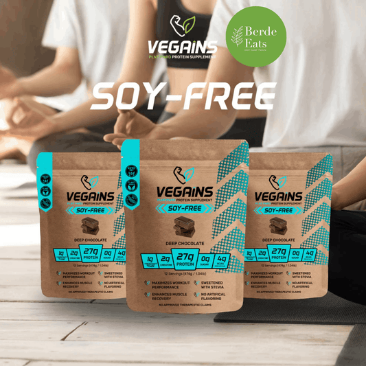 Three (3) Soy Free Plant-Based Protein Supplement display with variant label, featuring Vegains & Berde Eats logo, set with a seating position yoga background.