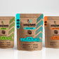 All three available variants of Vegains Plant-Based Protein Powder pouches: Power, Soy-Free, and Just Protein in deep chocolate flavor