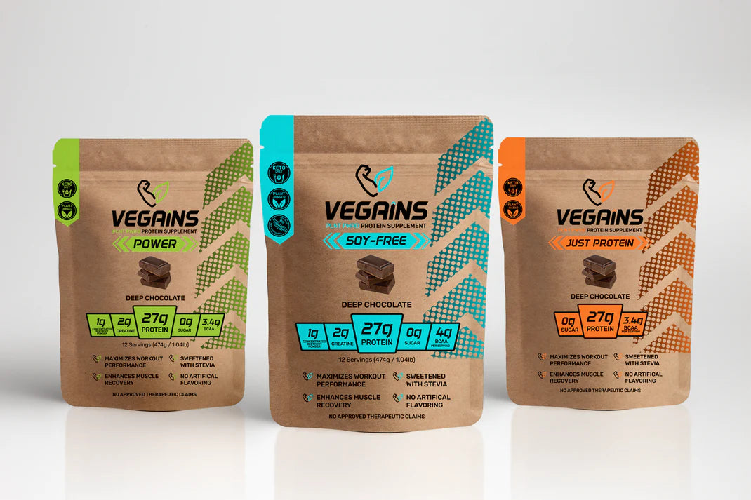All three available variants of Vegains Plant-Based Protein Powder pouches: Power, Soy-Free, and Just Protein in deep chocolate flavor